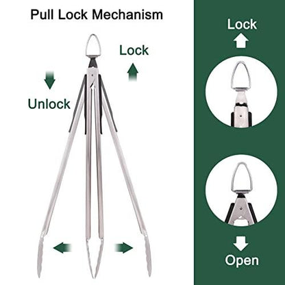 Grill Tongs 16" Long BBQ Tongs for Grilling, Premium Stainless Steel Locking Metal Tongs with Silicone Handle for Outdoor Grill, BBQ/Barbecue, Cooking - CookCave