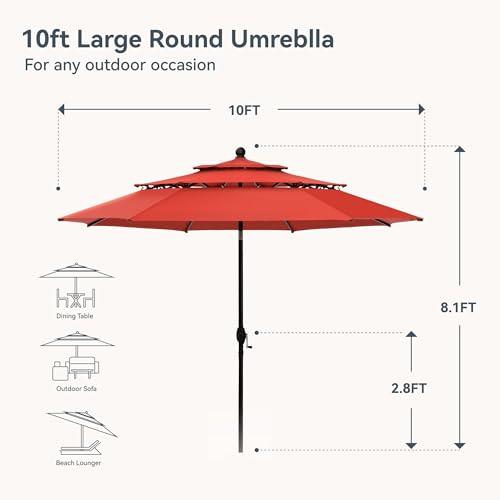 PHI VILLA 10ft Patio Umbrella Outdoor 3 Tier Vented Market Table Umbrella with 1.5" Umbrella Pole and 8 Sturdy Ribs, (Orange Red) - CookCave