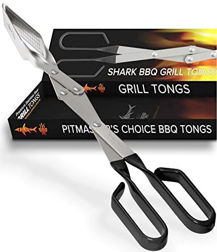 Shark BBQ Grill Tongs for outdoor grilling: Scissor metal food tong, stainless steel. Best cooking accessories for barbecue. Charcoal & kitchen. Works in smoker & flat top. Tool gift for men (Black) - CookCave