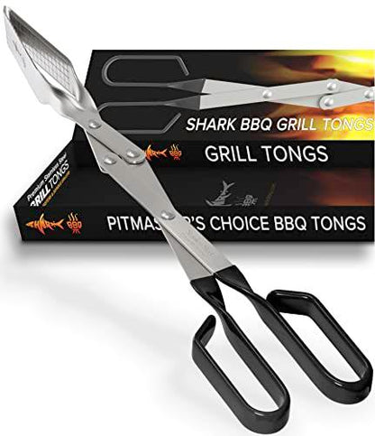 Shark BBQ Grill Tongs for outdoor grilling: Scissor metal food tong, stainless steel. Best cooking accessories for barbecue. Charcoal & kitchen. Works in smoker & flat top. Tool gift for men (Black) - CookCave