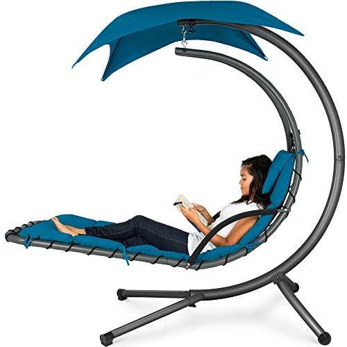 Best Choice Products Outdoor Hanging Curved Steel Chaise Lounge Chair Swing w/Built-in Pillow and Removable Canopy - Peacock Blue - CookCave