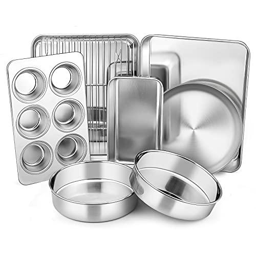 Toaster Oven Bakeware Set, E-far 8-Piece Stainless Steel Small Baking Pan Set, Include 6-Inch Cake Pan/Rectangle Baking Pan/Cookie Sheet with Rack/Muffin/Loaf/Pizza Pan, Non-Toxic & Dishwasher Safe - CookCave