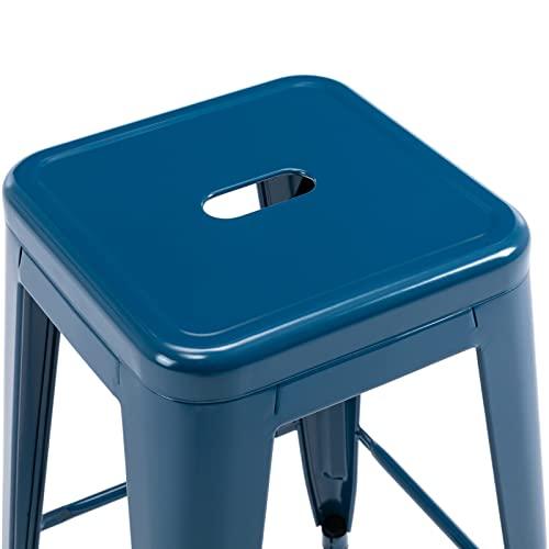 Vogue Furniture Direct 24 Inch Metal Bar Stools, Backless Counter Height Barstools, Indoor Outdoor Stackable Stools with Square Seat, Set of 2 (Deep Blue) - CookCave