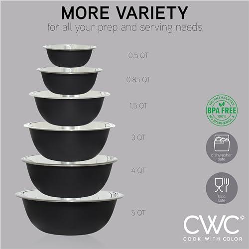 COOK WITH COLOR Stainless Steel Mixing Bowls - 6 Piece Stainless Steel Nesting Bowls Set includes 6 Prep Bowl and Mixing Bowls (Black) - CookCave