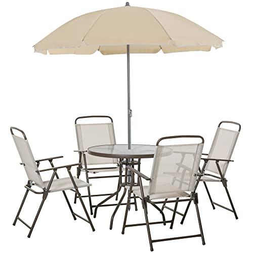 Outsunny 6 Piece Patio Dining Set for 4 with Umbrella, Outdoor Table and Chairs with 4 Folding Dining Chairs & Round Glass Table for Garden, Backyard and Poolside, Beige - CookCave