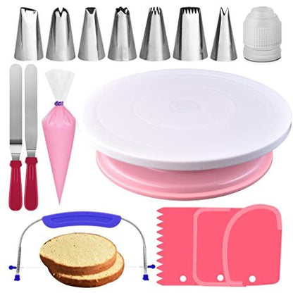 RFAQK 35PCs Cake Turntable and Leveler-Rotating Cake Stand with Non Slip pad-7 Icing Tips and 20 Bags- Straight & Offset Spatula-3 Scraper Set -EBook-Cake Decorating Supplies Kit -Baking Tools - CookCave