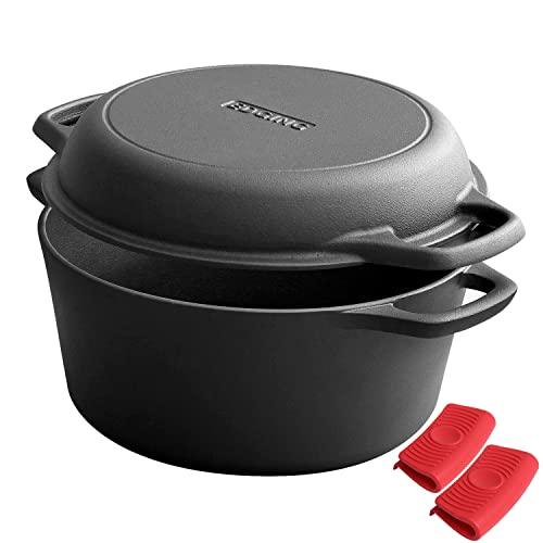 EDGING CASTING 2-in-1 Pre-Seasoned Cast Iron Dutch Oven Pot with Skillet Lid Cooking Pan, Cast Iron Skillet Cookware Pan Set with Dual Handles Indoor Outdoor for Bread, Frying, Baking, Camping, BBQ, 5QT - CookCave