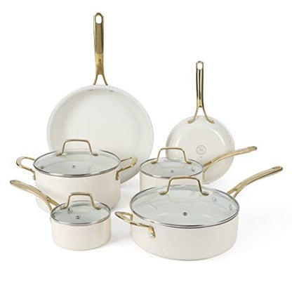 Martha Stewart Lockton Premium Nonstick PFA Free Ceramic Interior 10 Piece Heavy Gauge Enamel Aluminum Pots and Pans Cookware Set - Linen White w/Gold Handle - CookCave