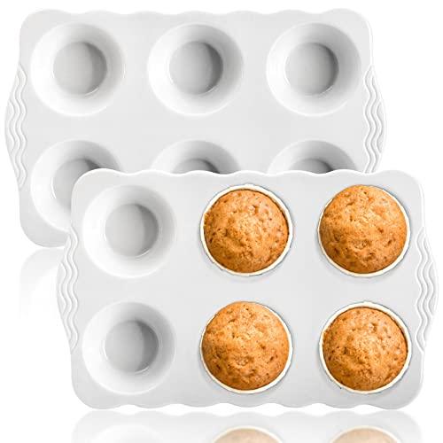 Hiceeden 2 Pack Ceramic Muffin Pans, 6 Cups Non-stick Muffin Tin Cupcake Baking Pans with Handles for Muffin Cakes, Egg Tarts, Mousse, Pot Pie, Jelly - CookCave