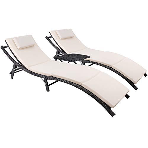 Devoko Patio Chaise Lounge Sets Outdoor Rattan Adjustable Back 3 Pieces Cushioned Patio Folding Chaise Lounge with Folding Table (Beige) - CookCave