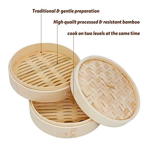 ONETANG 10 Inch Bamboo Steamer Basket, 2 Tier Steamer for Cooking, 20 Paper Liners, Perfect For Dim Sum, Chicken, Fish, Veggies, Natural Handmade Weaver, Eco-Friendly Gift Box (Holiday Gifts) - CookCave
