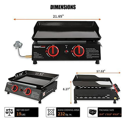 Royal Gourmet PD1203A 18-Inch 2-Burner Portable Tabletop Griddle, 16,000 BTU Propane Gas Grill for Patio, Deck, Backyard, Tailgating, Camping and Picnic, Black - CookCave