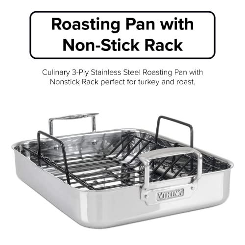 Viking Culinary 3-Ply Stainless Steel Roasting Pan, Includes a Nonstick Rack, Dishwasher, Oven Safe, Works on All Cooktops including Induction - CookCave