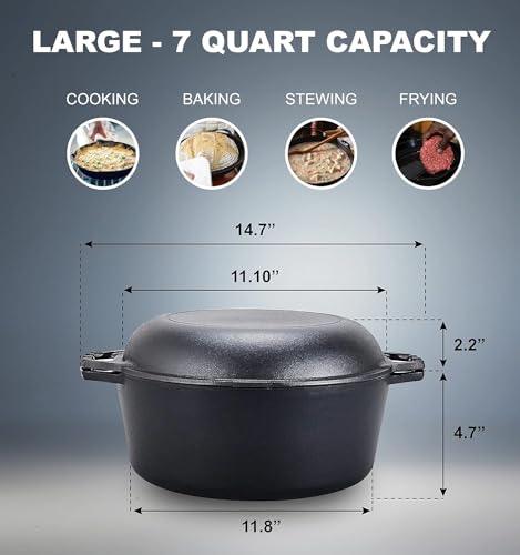 Bruntmor Pre-Seasoned Cast Iron Dutch Oven and Skillet Lid - 7 Quart All-in-One Casserole and Braising Pan, Black - CookCave