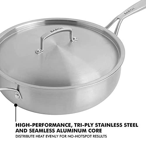 Babish Tri-Ply Stainless Steel Professional Grade Saute Pan w/Lid, 5-Quart - CookCave