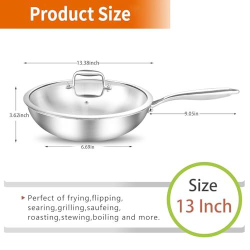 DELARLO Whole body Tri-Ply Stainless Steel 13 inch wok Pan With steel cover, Oven safe induction Stir-Fry Pans skillet - CookCave