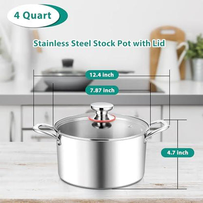 E-far 4 Quart Stock Pot, Tri-Ply Stainless Steel Cooking Pot with Glass Lid and Riveted Handles, Metal Pasta Soup Pot for Induction Ceramic Electric Gas Stoves, Heavy Duty & Dishwasher Safe - CookCave