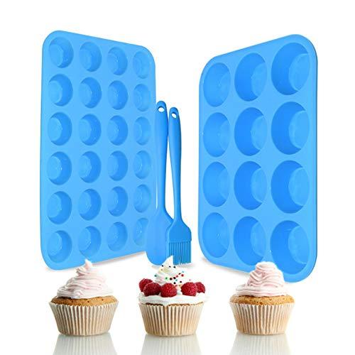 Silicone Muffin Pan Cupcake Set – Non-Stick 12 Cups and Mini 24 Cups,Silicone Baking Molds,BPA Free Muffin Tin with 1 Silicone Spatula & 1 Oil Brush (blue) - CookCave