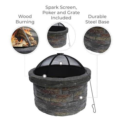 Teamson Home Round Stone Look Steel Outdoor Fire Pit Outside Wood Burning Firepit Bonfire with Spark Screen, Firebowl, Poker, Charcoal Grill for Patio Garden Backyard BBQ, 27 Inch, Dark Gray/Brown - CookCave