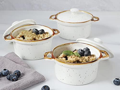 ONEMORE Ceramic Ramekins with Lids - 6oz, Set of 4 - Oven Safe Small Casserole Dish with Handles - Cocotte Set for Individual Serving - Creamy White - CookCave