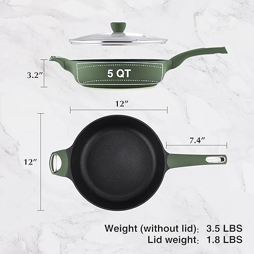 SENSARTE 12 Inch Nonstick Deep Frying Pan, 5Qt Non Stick Saute Pan with Lid, Large Skillet with Helper Handle, Diamond&Titanium Scratch Resistant, Induction Compatible, PFOA PFOS APEO Free, Sage - CookCave