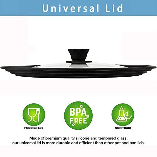 Universal Lid for Pots, Pans and Skillets - Tempered Glass with Heat Resistant Silicone Rim and Heat Resistant Handle Fits 6.5", 7" and 8" Diameter Cookware, Black - CookCave