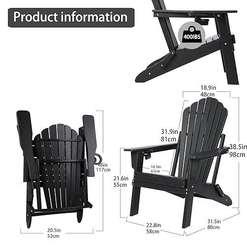 Plawdlik Folding Adirondack Chair Set of 2,SGS Tested,Wooden Textured with Cup Holder,Widened Heavy All-Weather HDPE Comfortable Seating for Ourdoor Black - CookCave