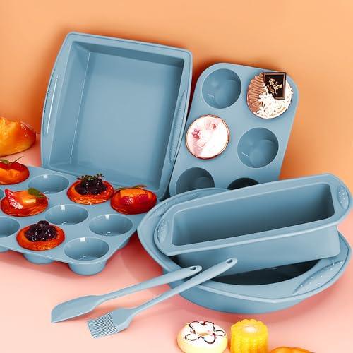 Hansanti 7in1 Silicone Bakeware Baking Set, Kitchen Bake Pans Molds Tray for Oven with BPA Free Round/Square Cake Pan, Loaf Pan, Muffin Pan for Bread Pizza Cheesecake Cupcake Pie Desserts - CookCave