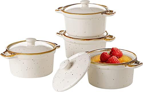 ONEMORE Ceramic Ramekins with Lids - 6oz, Set of 4 - Oven Safe Small Casserole Dish with Handles - Cocotte Set for Individual Serving - Creamy White - CookCave