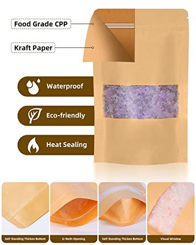 Larzack 50pcs Kraft Bags with Window 3.5x5.5 Inches Brown Reusable Sealable Zip Lock Food Storage Stand up Paper Pouches for Home or Business - CookCave