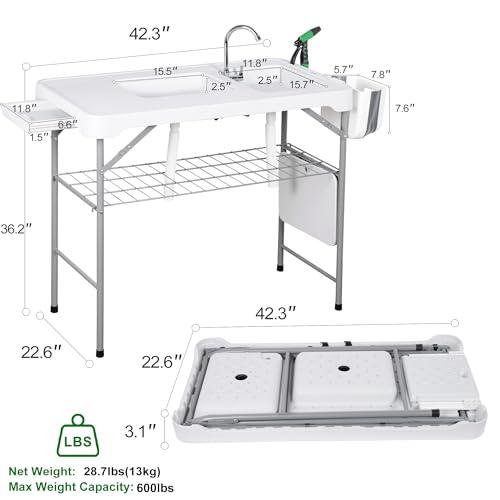 Allpop Folding Fish Cleaning Table with 2 Sinks & Grid Rack, 42.5'' Portable Camping Fish Fillet Station with Foldable Faucet, Drainage Hose, Sprayer, Storage Box, Drawer & Grooves for Picnic, White… - CookCave
