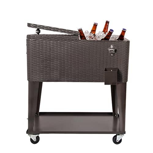 80 Quart Qt Rolling Cooler Ice Chest Beverage Cart, Dark Brown Wicker Faux Rattan Ice Tub Trolley, Portable Outdoor Backyard Patio Deck Party Drink Beverage Bar, Wheels with Shelf & Bottle Opener - CookCave