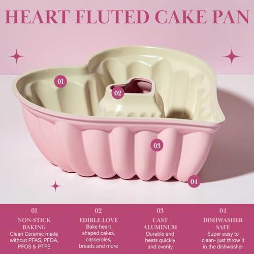 Paris Hilton Heart Shaped Fluted Cake Pan, Cast Aluminum with Clean Ceramic Nonstick Bakeware, Dishwasher Safe, Made without PFAS, PFOA, PFOS & PFTE, 9-Inch, Pink - CookCave