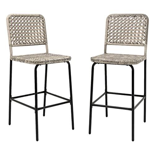 Sundale Outdoor Patio Bar Stools Set of 2, Hand Woven PE Rattan Hollow Back Armless Barstools for Deck Yard Porch, All-Weather Gradient Grey Wicker Outside Tall Chair Set - CookCave