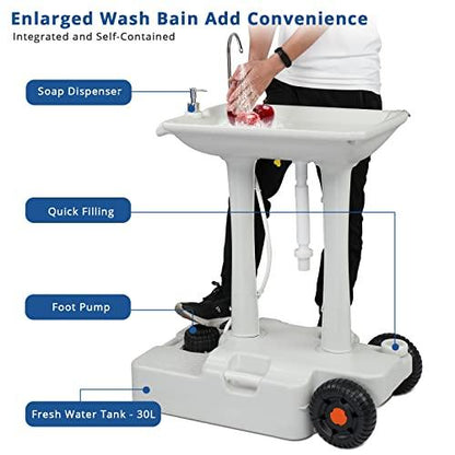 VINGLI 30L Upgraded Portable Sink| Rolling Hand Wash Basin Stand with Towel Holder & Soap Dispenser & Wheels, Perfect for Garden/Camping/Outdoor Events/Gatherings/Worksite/RV/Indoor - CookCave