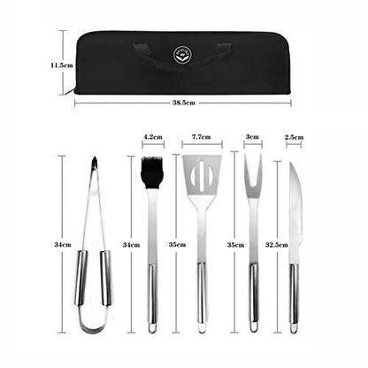 NewlineNY Stainless Steel BBQ Grill Tool Kit 5 PCS Set : Tong, Meat Fork, Basting Brush, Spatula, Knife + Carrying Bag for Picnic Camping Barbeque Cooking Grilling - CookCave