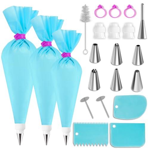 Riccle Piping Bags Tips Set,Cake Decorating Tools with 6pcs 3 Sizes (12”+14”+16”) Reusable Icing Pastry Bags, 6 Different Icing Bags Tips, 6 Piping Bags Couplers and 6 Frosting Bags Ties (Pack Of 22) - CookCave