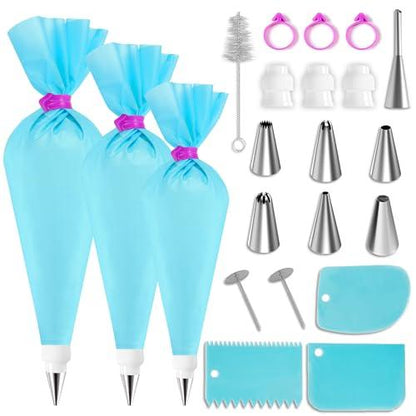 Riccle Piping Bags Tips Set,Cake Decorating Tools with 6pcs 3 Sizes (12”+14”+16”) Reusable Icing Pastry Bags, 6 Different Icing Bags Tips, 6 Piping Bags Couplers and 6 Frosting Bags Ties (Pack Of 22) - CookCave