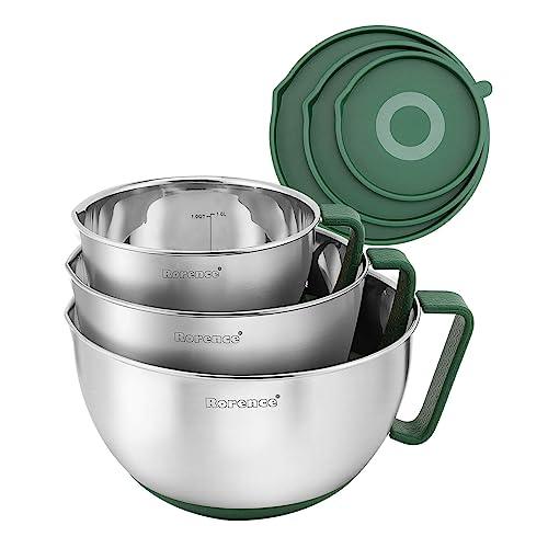 Rorence Mixing Bowls Set: Stainless Steel Non-Slip Bowls with Pour Spout, Handle and Lid - Set of 3 - Green - CookCave