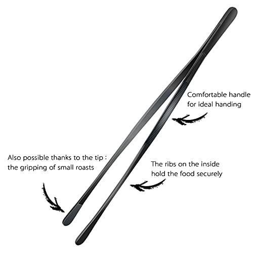 12-Inch Professional Kitchen & Cooking Tweezers Tongs - Stainless Steel Long Tweezer Tongs - Black Coated - BBQ,Plating,Multi-use - CookCave