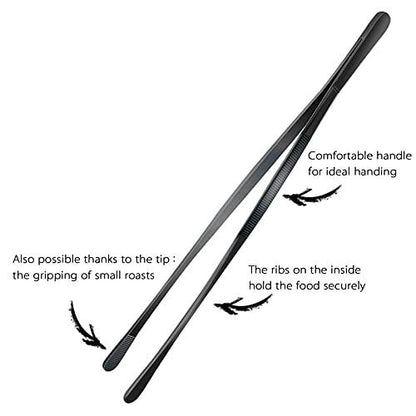 12-Inch Professional Kitchen & Cooking Tweezers Tongs - Stainless Steel Long Tweezer Tongs - Black Coated - BBQ,Plating,Multi-use - CookCave