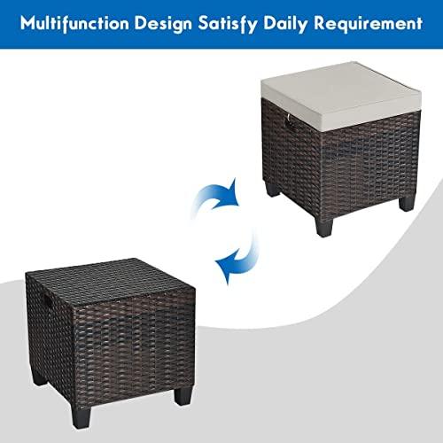 Tangkula 2 Pieces Outdoor Patio Ottoman, All Weather Rattan Wicker Ottoman Seat, Patio Rattan Furniture, Outdoor Footstool Footrest Seat w/Removable Cushions (Brown) - CookCave