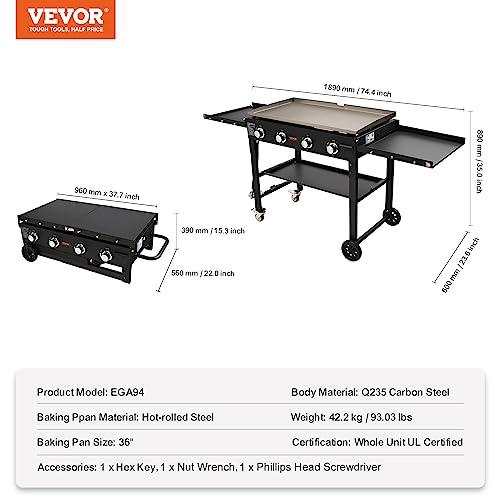 VEVOR Commercial Griddle on Cart, 36" Heavy Duty Manual Flat Top Griddle, Outdoor Cooking Station with Side Shelves, Steel Natural Gas Griddle, 4-Burners Restaurant Portable Grill - 60,000 BTU - CookCave