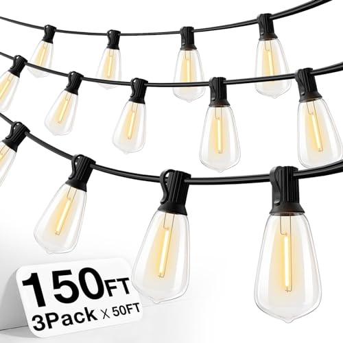 addlon 150 FT (3x50FT) Outdoor String Lights,Waterproof Patio Lights UL Listed with 45+3 Shatterproof Dimmable ST38 LED Bulbs,2700K Connectable Outdoor Lighting for Backyard Bistro Garden - CookCave