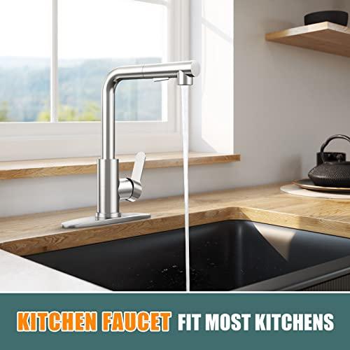 Kitchen Faucets, Brushed Nickel Kitchen Faucet with Pull Down Sprayer and Deck Plate, Stainless Steel Commercial Utility Kitchen Faucets for Sink 3 Hole for Bar Rv Camper Laundry Outdoor Farmhouse - CookCave