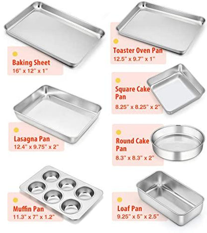 TeamFar Bakeware Sets of 7, Stainless Steel Bakeware Sets for Oven, Baking Sheet & Toaster Oven Pan, Square & Round Cake Pan, Muffin Pan & Loaf Pan, Lasagna Pan, Healthy & Sturdy, Dishwasher Safe - CookCave