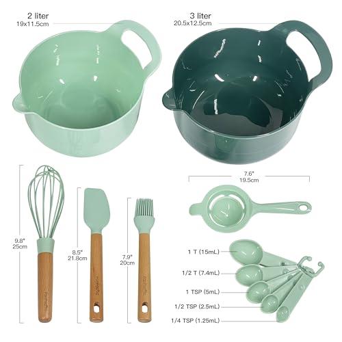 PanPacific Plasic Mixing Bowls Baking Tools set, 2 Green Nesting Bowls, Non-Slip Base with Measuring Spoons set, Egg Whisk, Spatula & Oil brush, Great for Mixing, Baking & Serving with gifted box - CookCave