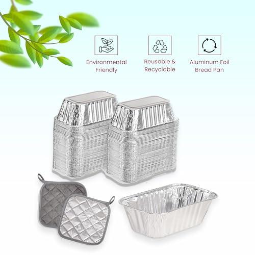 H & H Creations 100 Pack Mini Loaf Pans with 2 Hot Pads 6.25” x 3.75” x 1.75” Silver Aluminum Pan Disposable and Pot Holders - CookCave