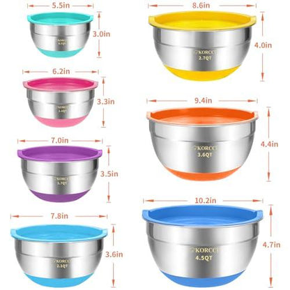 Mixing Bowls With Airtight Lids Set - 7Pc Stainless Steel Nesting Storage Bowls, Non-Slip Silicone Bottom, Size 0.7,1.1,1.7,2.1,2.7,3.6,4.5QT, Ideal for Baking, Prepping, Cooking and Serving Food - CookCave