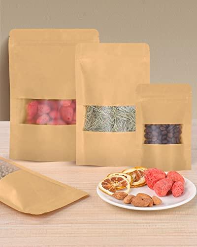 Larzack 50pcs Kraft Bags with Window 3.5x5.5 Inches Brown Reusable Sealable Zip Lock Food Storage Stand up Paper Pouches for Home or Business - CookCave